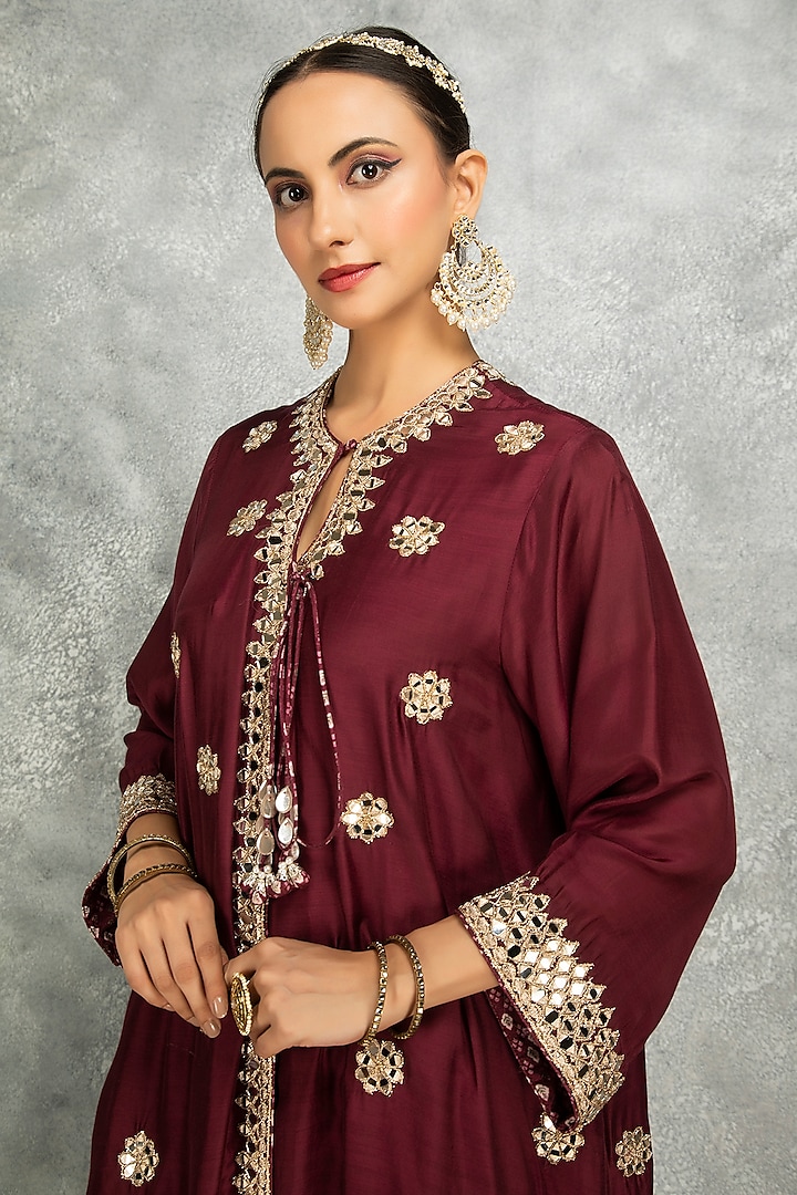 Wine Soft Cotton Silk Mirror Embroidered Angrakha Kurta Set by Tanu Malhotra at Pernia's Pop Up Shop