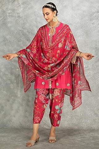 Hot Pink Soft Cotton Silk Mirror Embroidered Angrakha Kurta Set by Tanu Malhotra