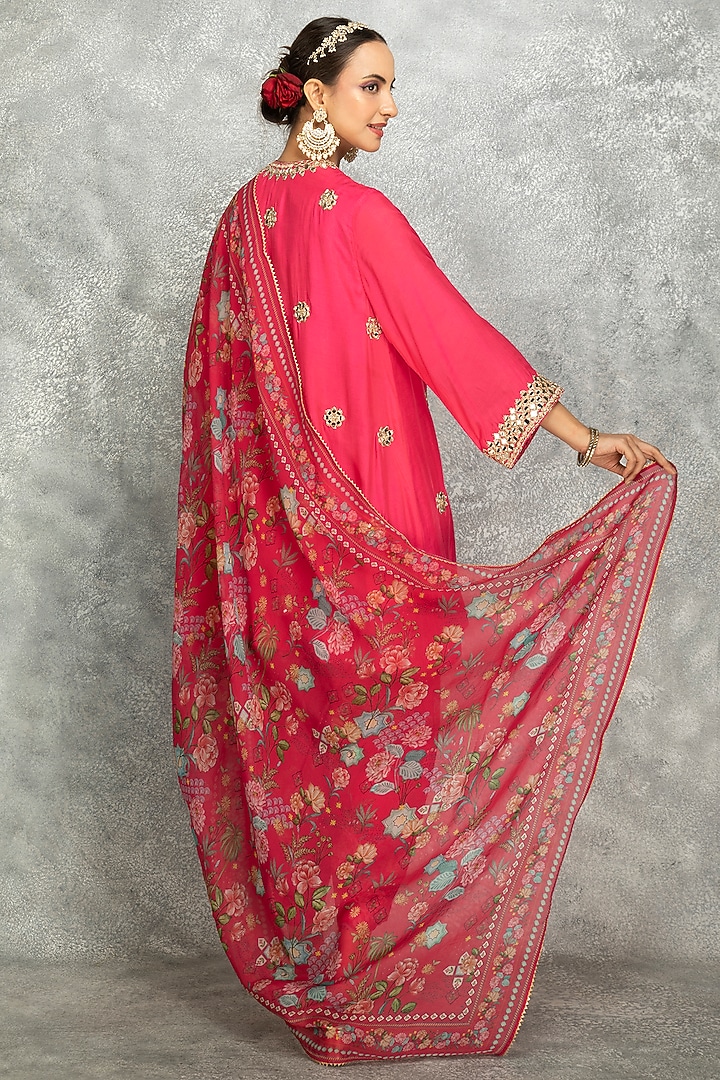 Hot Pink Soft Cotton Silk Mirror Embroidered Angrakha Kurta Set by Tanu Malhotra at Pernia's Pop Up Shop