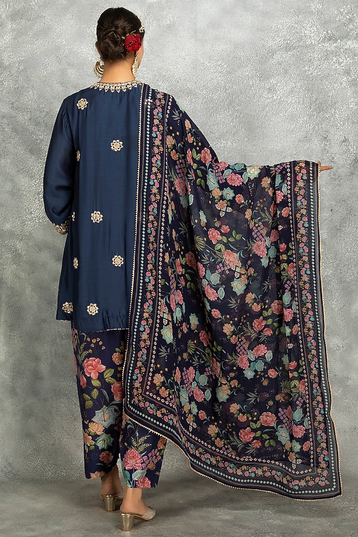 Blue Soft Cotton Silk Mirror Embroidered Angrakha Kurta Set by Tanu Malhotra at Pernia's Pop Up Shop