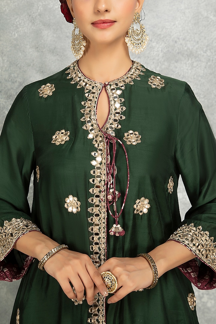 Green Soft Cotton Silk Mirror Embroidered Angrakha Kurta Set by Tanu Malhotra at Pernia's Pop Up Shop