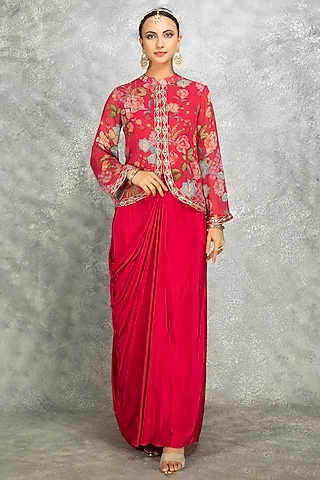 Hot Pink Soft Georgette Floral Printed & Mirror Work Jacket Set by Tanu Malhotra