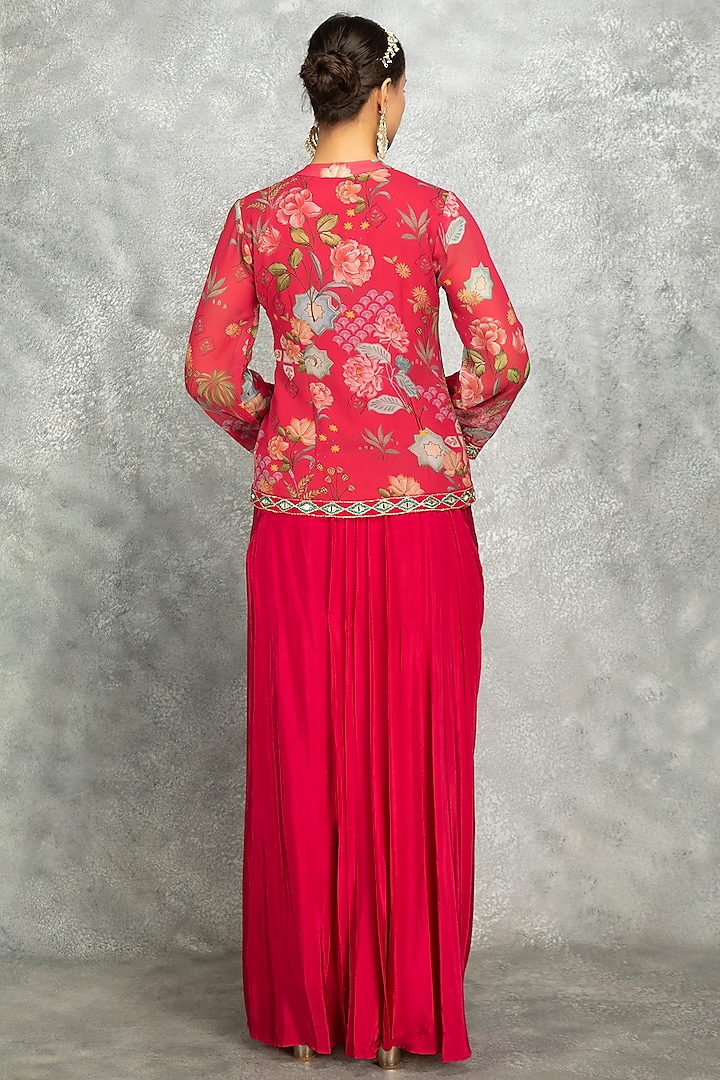 Hot Pink Soft Georgette Floral Printed & Mirror Work Jacket Set by Tanu Malhotra at Pernia's Pop Up Shop