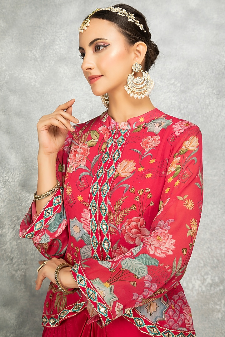 Hot Pink Soft Georgette Floral Printed & Mirror Work Jacket Set by Tanu Malhotra at Pernia's Pop Up Shop