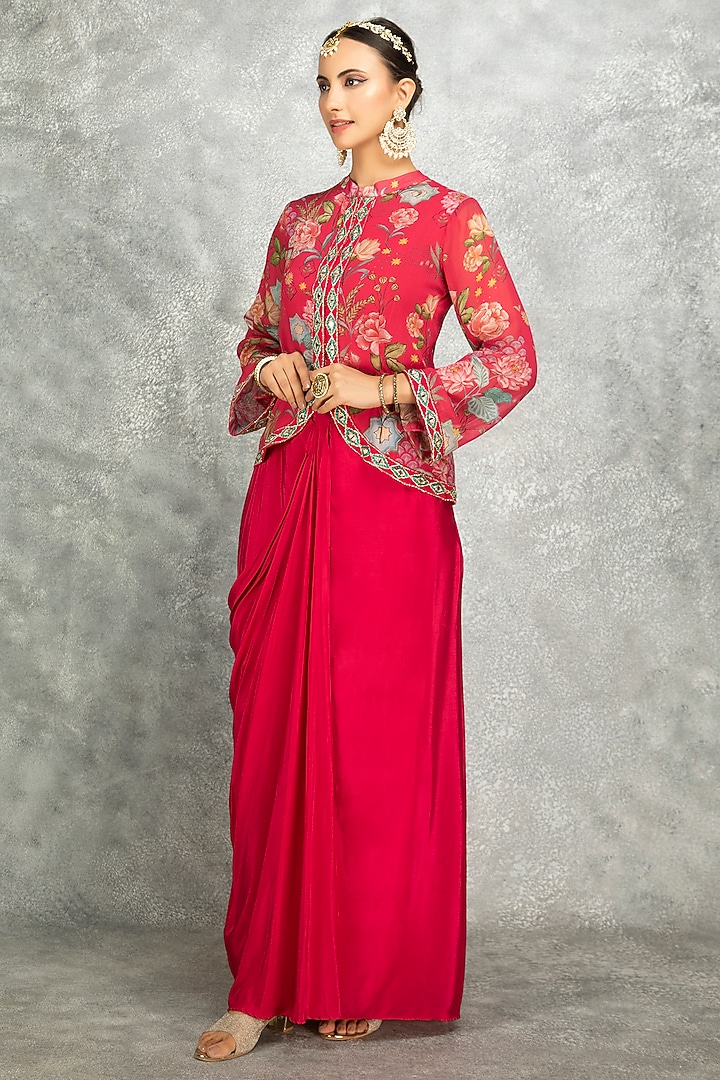 Hot Pink Soft Georgette Floral Printed & Mirror Work Jacket Set by Tanu Malhotra at Pernia's Pop Up Shop