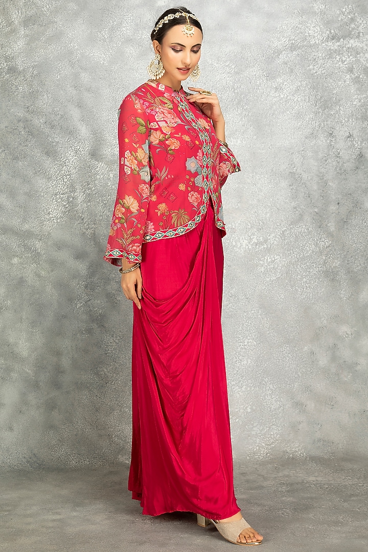 Hot Pink Soft Georgette Floral Printed & Mirror Work Jacket Set by Tanu Malhotra at Pernia's Pop Up Shop
