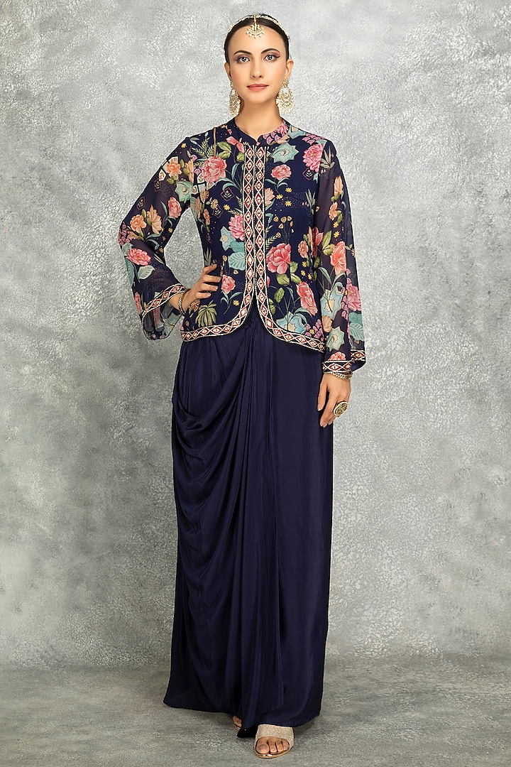 Blue Soft Georgette Floral Printed & Mirror Work Jacket Set by Tanu Malhotra at Pernia's Pop Up Shop