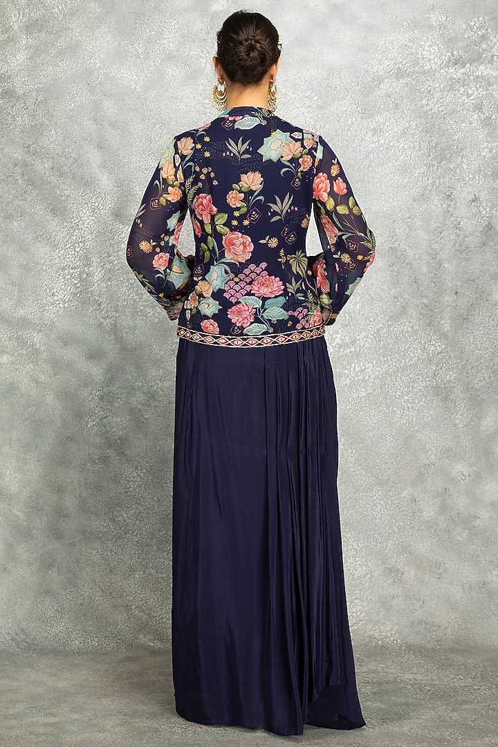 Blue Soft Georgette Floral Printed & Mirror Work Jacket Set by Tanu Malhotra at Pernia's Pop Up Shop