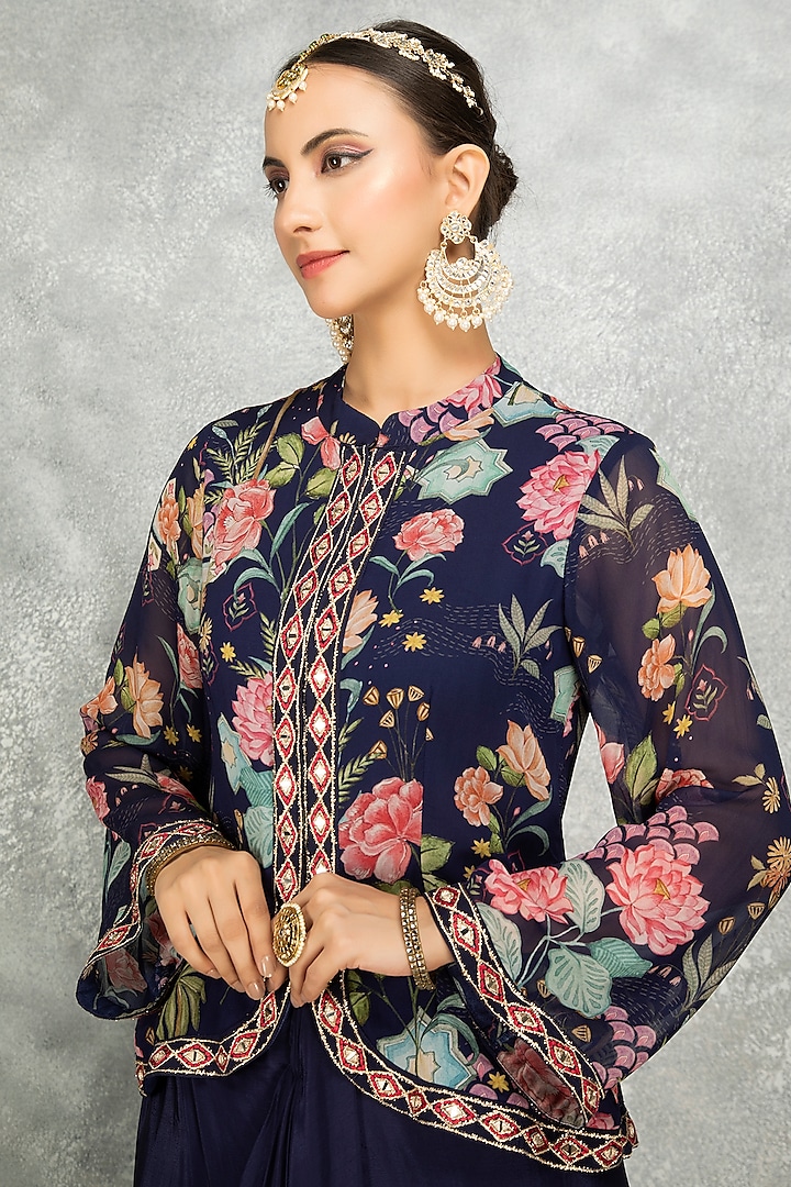 Blue Soft Georgette Floral Printed & Mirror Work Jacket Set by Tanu Malhotra at Pernia's Pop Up Shop