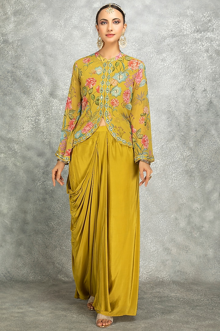 Mustard Green Soft Georgette Floral Printed & Mirror Work Jacket Set by Tanu Malhotra at Pernia's Pop Up Shop