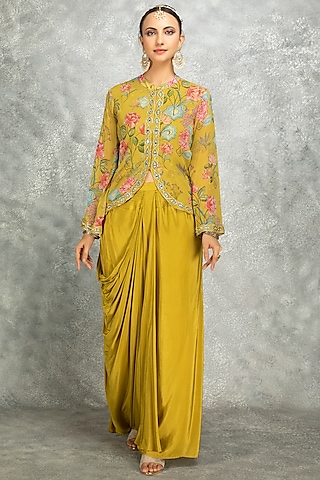 Mustard Green Soft Georgette Floral Printed & Mirror Work Jacket Set by Tanu Malhotra