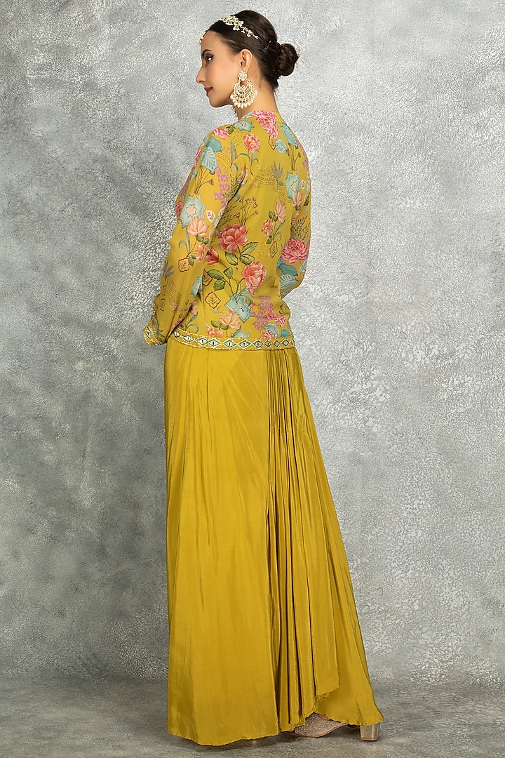 Mustard Green Soft Georgette Floral Printed & Mirror Work Jacket Set by Tanu Malhotra at Pernia's Pop Up Shop