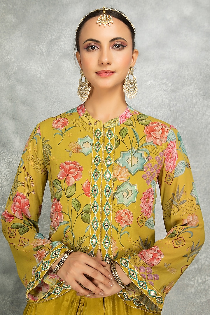 Mustard Green Soft Georgette Floral Printed & Mirror Work Jacket Set by Tanu Malhotra at Pernia's Pop Up Shop