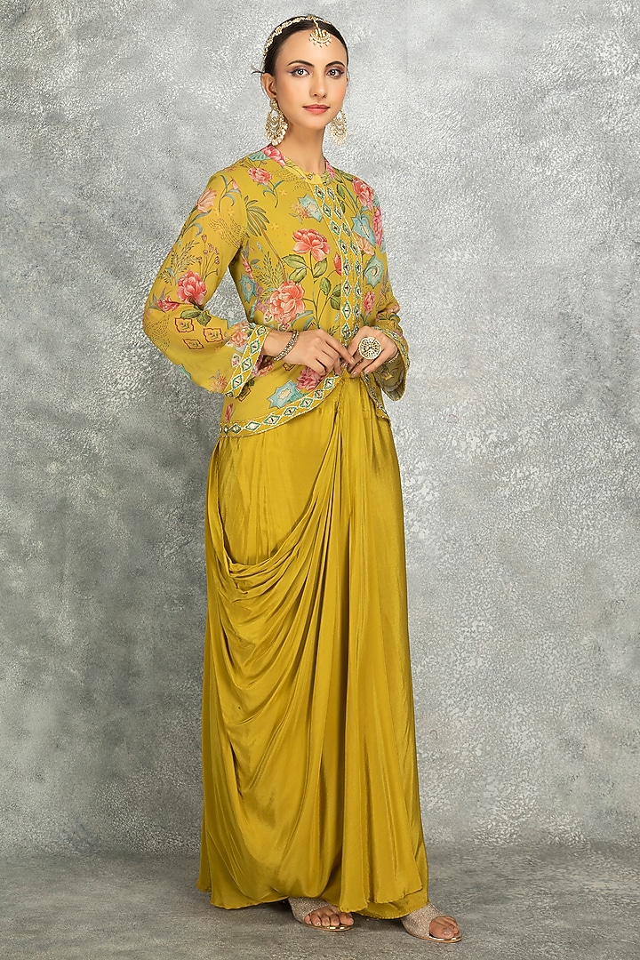 Mustard Green Soft Georgette Floral Printed & Mirror Work Jacket Set by Tanu Malhotra at Pernia's Pop Up Shop