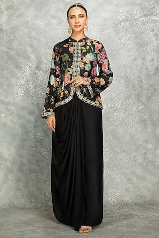 Black Soft Georgette Floral Printed & Mirror Work Jacket Set by Tanu Malhotra