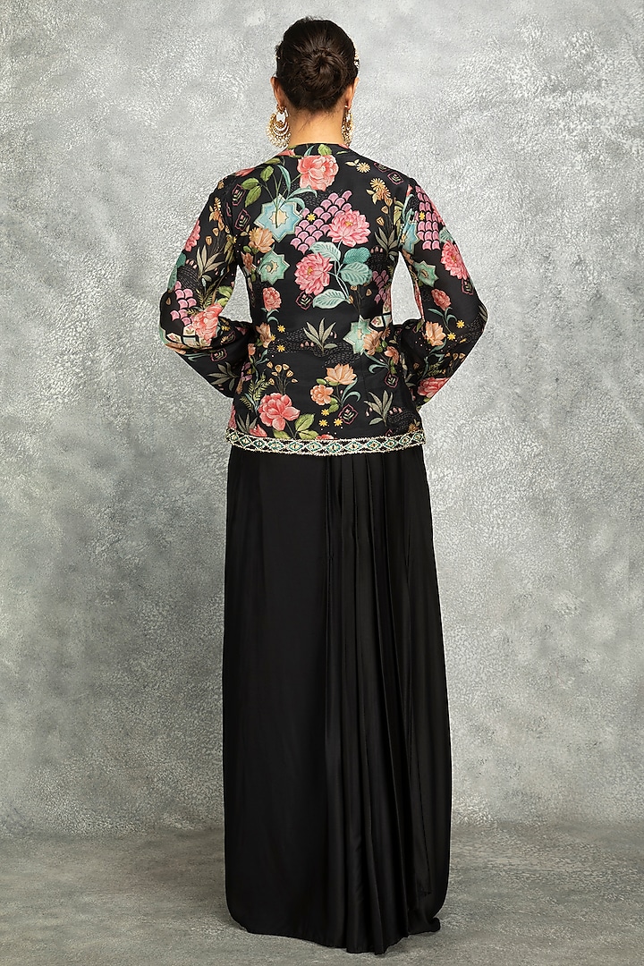 Black Soft Georgette Floral Printed & Mirror Work Jacket Set by Tanu Malhotra at Pernia's Pop Up Shop