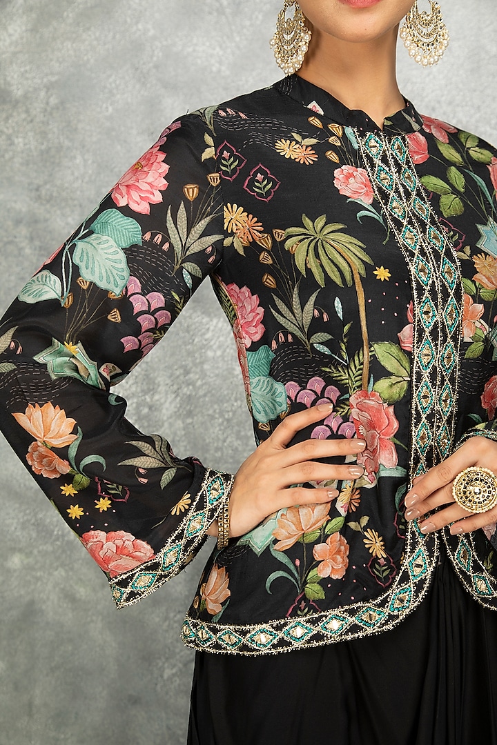 Black Soft Georgette Floral Printed & Mirror Work Jacket Set by Tanu Malhotra at Pernia's Pop Up Shop
