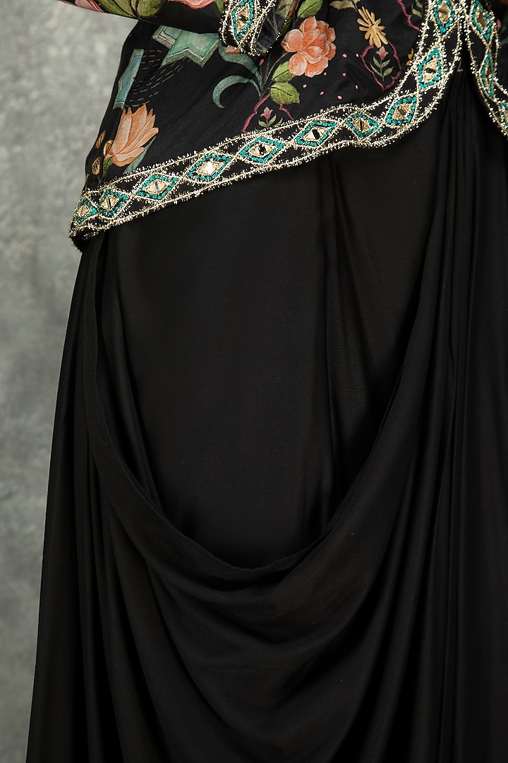 Black Soft Georgette Floral Printed & Mirror Work Jacket Set by Tanu Malhotra at Pernia's Pop Up Shop