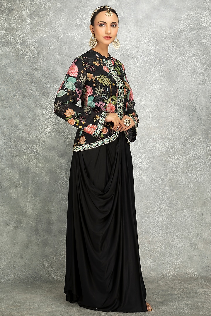 Black Soft Georgette Floral Printed & Mirror Work Jacket Set by Tanu Malhotra at Pernia's Pop Up Shop