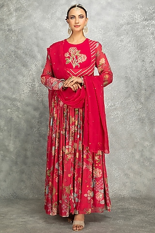 Hot Pink Soft Georgette Floral Printed & Mirror Work Anarkali Set by Tanu Malhotra