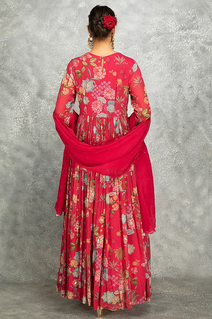 Hot Pink Soft Georgette Floral Printed & Mirror Work Party Wear Anarkali Set by Tanu Malhotra at Pernia's Pop Up Shop