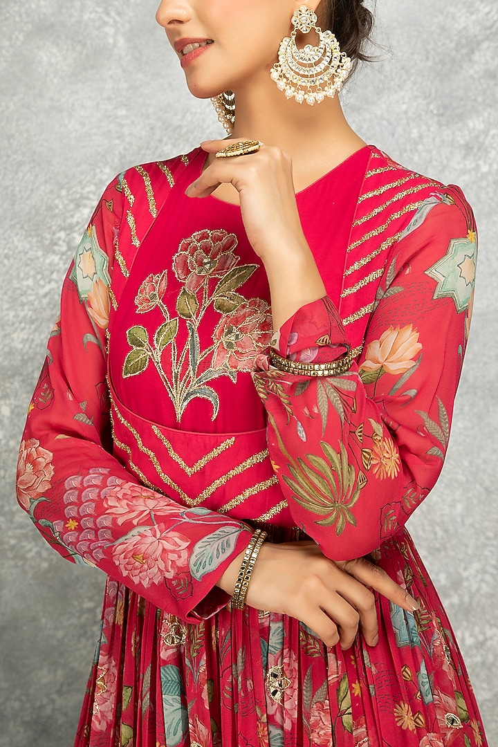 Hot Pink Soft Georgette Floral Printed & Mirror Work Party Wear Anarkali Set by Tanu Malhotra at Pernia's Pop Up Shop