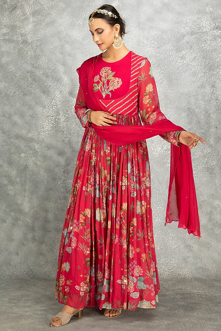 Hot Pink Soft Georgette Floral Printed & Mirror Work Party Wear Anarkali Set by Tanu Malhotra at Pernia's Pop Up Shop