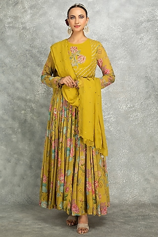 Mustard Green Soft Georgette Floral Printed & Mirror Work Anarkali Set by Tanu Malhotra