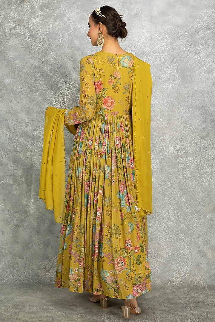 Mustard Green Soft Georgette Floral Printed & Mirror Work Party Wear Anarkali Set by Tanu Malhotra at Pernia's Pop Up Shop