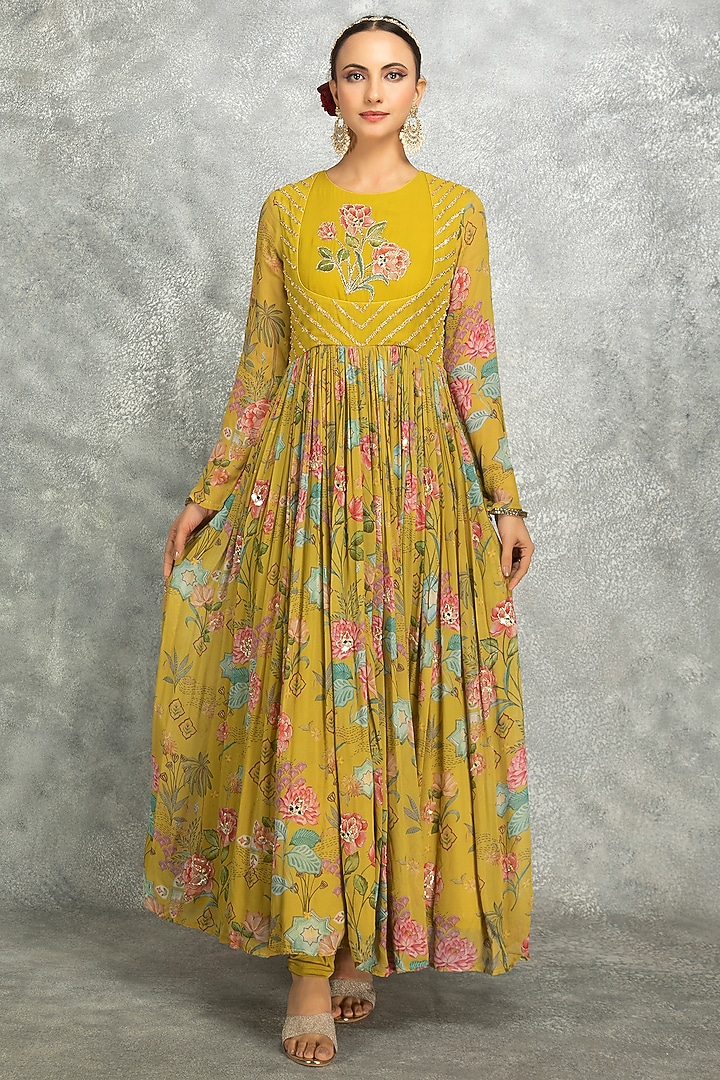 Mustard Green Soft Georgette Floral Printed & Mirror Work Party Wear Anarkali Set by Tanu Malhotra at Pernia's Pop Up Shop