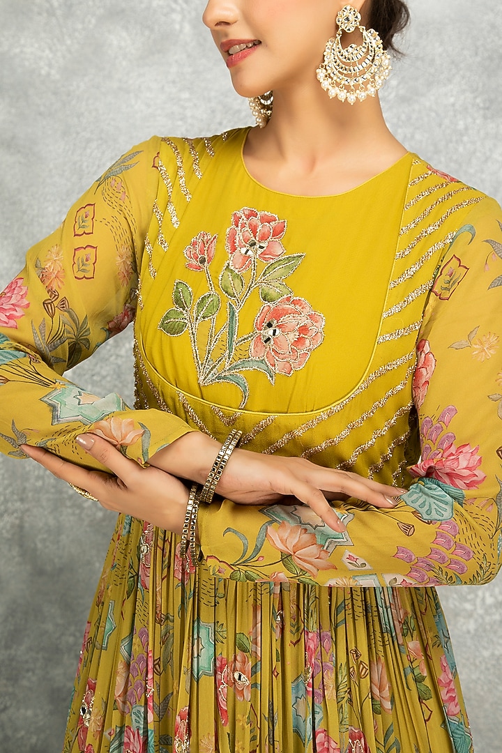 Mustard Green Soft Georgette Floral Printed & Mirror Work Party Wear Anarkali Set by Tanu Malhotra at Pernia's Pop Up Shop