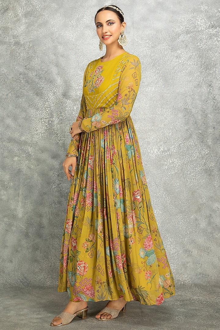Mustard Green Soft Georgette Floral Printed & Mirror Work Party Wear Anarkali Set by Tanu Malhotra at Pernia's Pop Up Shop