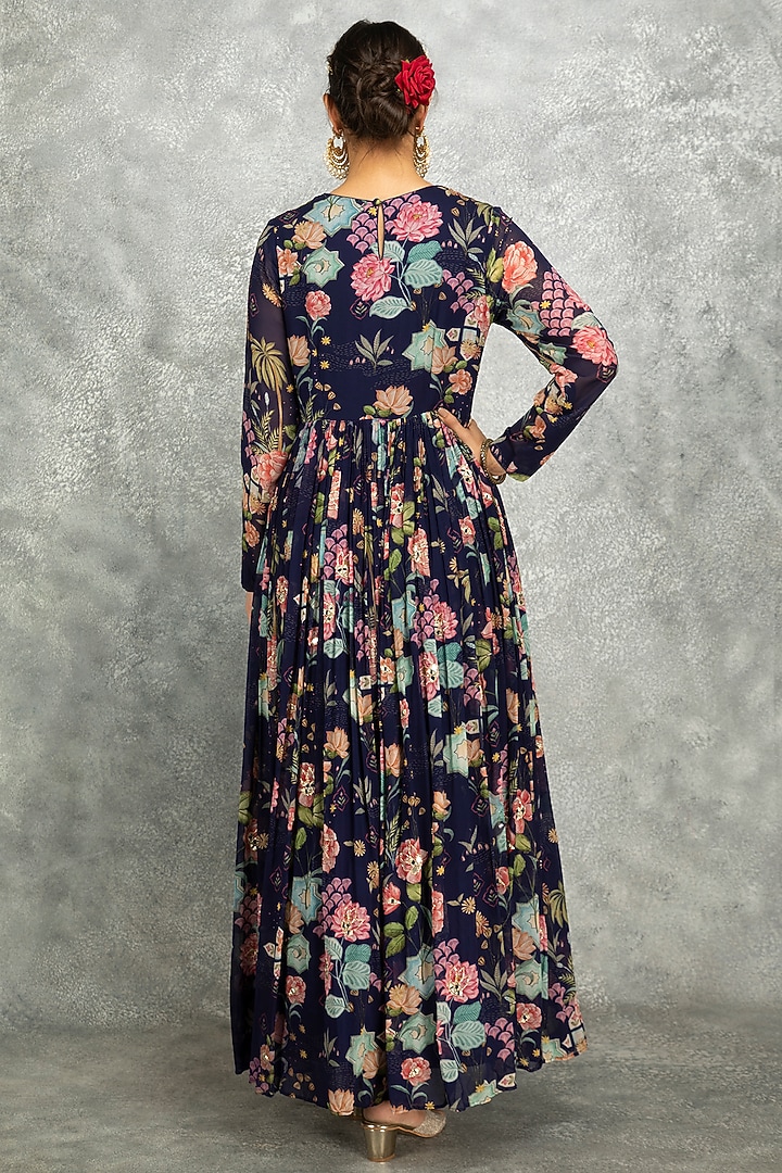 Blue Soft Georgette Floral Printed & Mirror Work Party Wear Anarkali Set by Tanu Malhotra at Pernia's Pop Up Shop