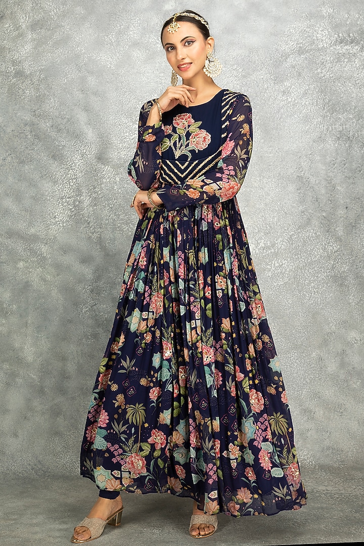 Blue Soft Georgette Floral Printed & Mirror Work Party Wear Anarkali Set by Tanu Malhotra at Pernia's Pop Up Shop