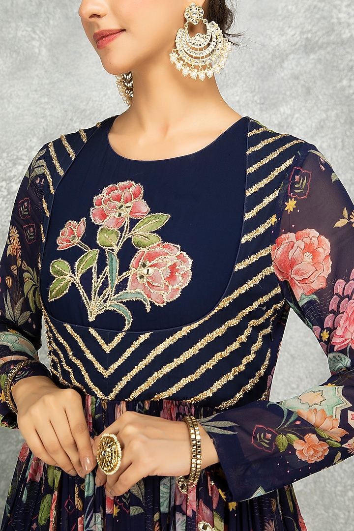 Blue Soft Georgette Floral Printed & Mirror Work Party Wear Anarkali Set by Tanu Malhotra at Pernia's Pop Up Shop