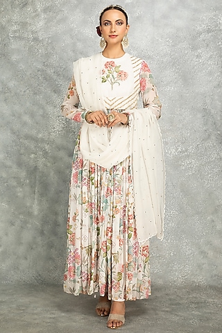 White Soft Georgette Floral Printed & Mirror Work Anarkali Set by Tanu Malhotra