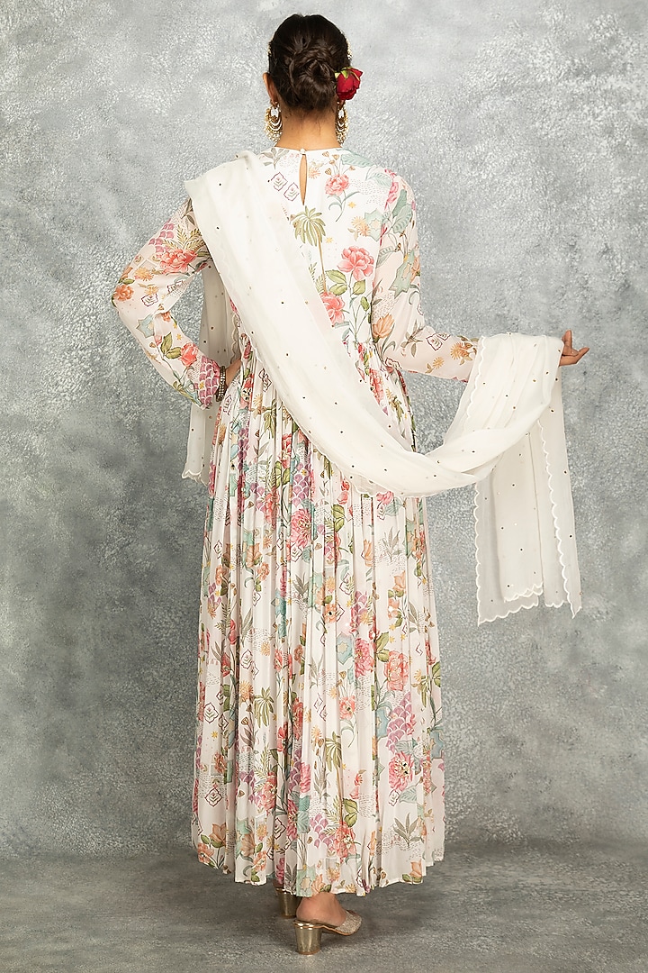 White Soft Georgette Floral Printed & Mirror Work Party Wear Anarkali Set by Tanu Malhotra at Pernia's Pop Up Shop