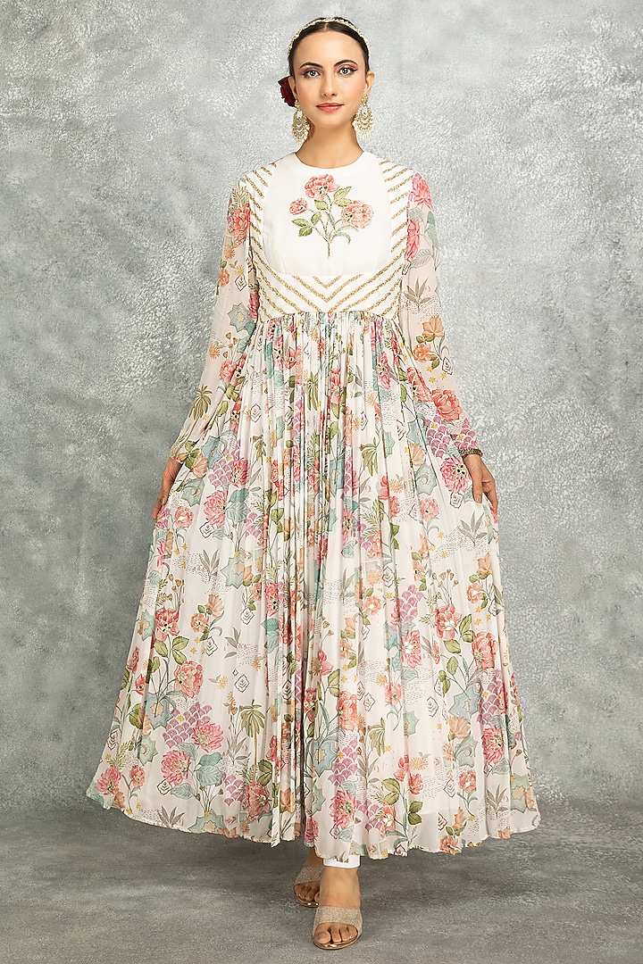 White Soft Georgette Floral Printed & Mirror Work Party Wear Anarkali Set by Tanu Malhotra at Pernia's Pop Up Shop