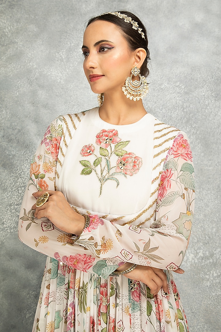 White Soft Georgette Floral Printed & Mirror Work Party Wear Anarkali Set by Tanu Malhotra at Pernia's Pop Up Shop