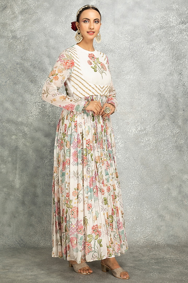 White Soft Georgette Floral Printed & Mirror Work Party Wear Anarkali Set by Tanu Malhotra at Pernia's Pop Up Shop