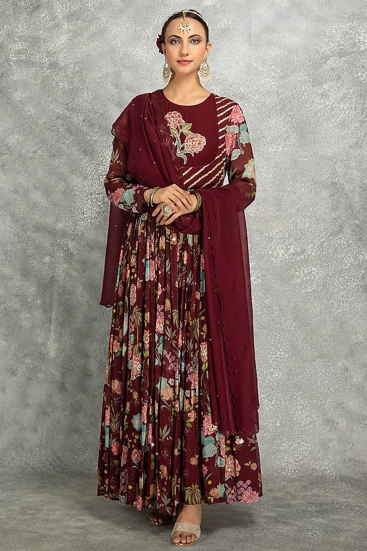 Wine Soft Georgette Floral Printed & Mirror Work Anarkali Set by Tanu Malhotra at Pernia's Pop Up Shop