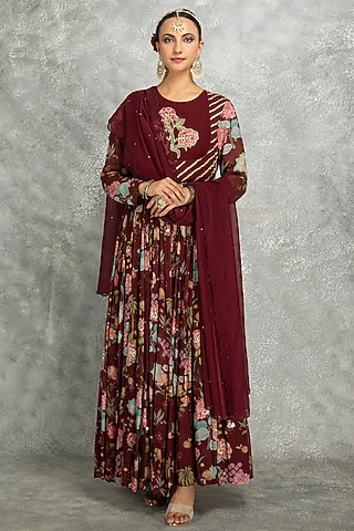 Wine Soft Georgette Floral Printed & Mirror Work Anarkali Set by Tanu Malhotra