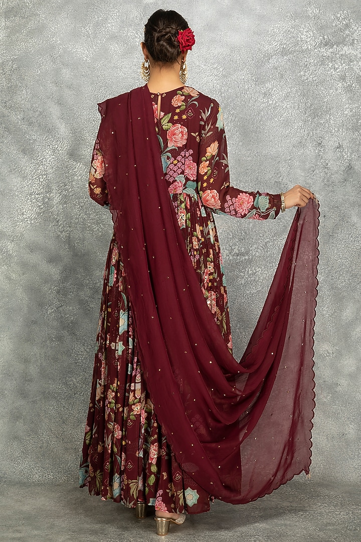 Wine Soft Georgette Floral Printed & Mirror Work Party Wear Anarkali Set by Tanu Malhotra at Pernia's Pop Up Shop