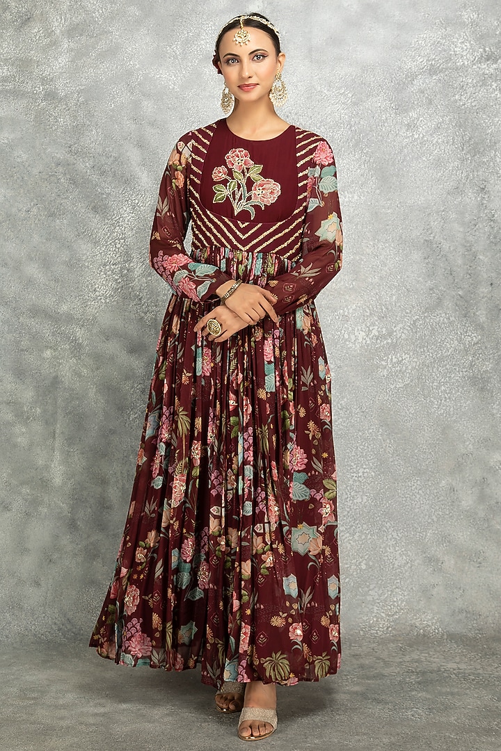 Wine Soft Georgette Floral Printed & Mirror Work Party Wear Anarkali Set by Tanu Malhotra at Pernia's Pop Up Shop