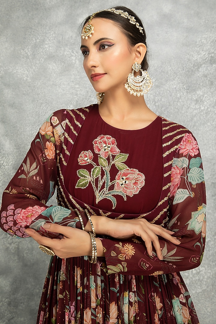 Wine Soft Georgette Floral Printed & Mirror Work Party Wear Anarkali Set by Tanu Malhotra at Pernia's Pop Up Shop
