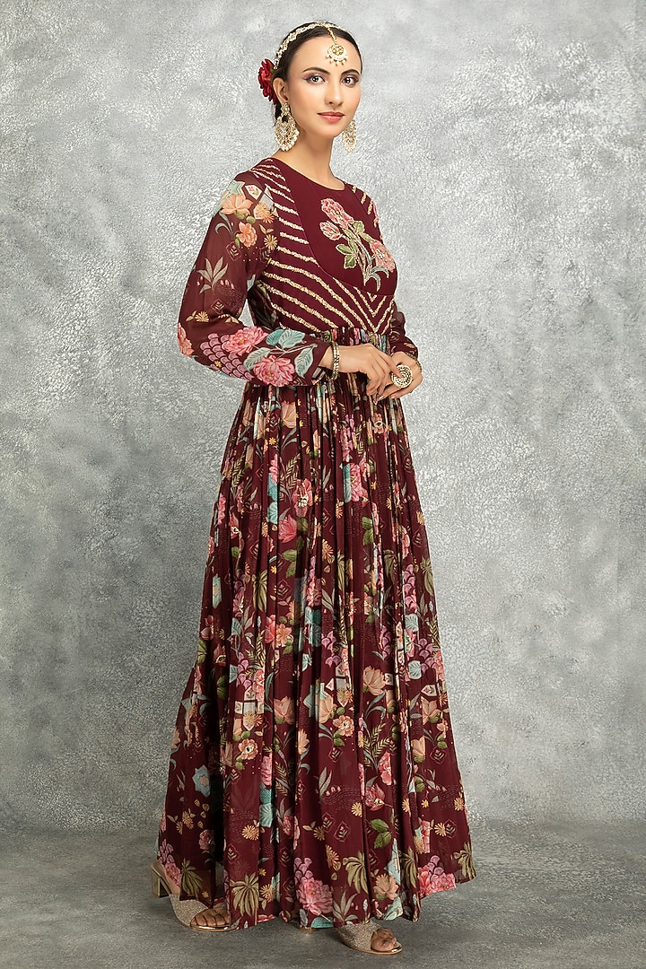 Wine Soft Georgette Floral Printed & Mirror Work Party Wear Anarkali Set by Tanu Malhotra at Pernia's Pop Up Shop