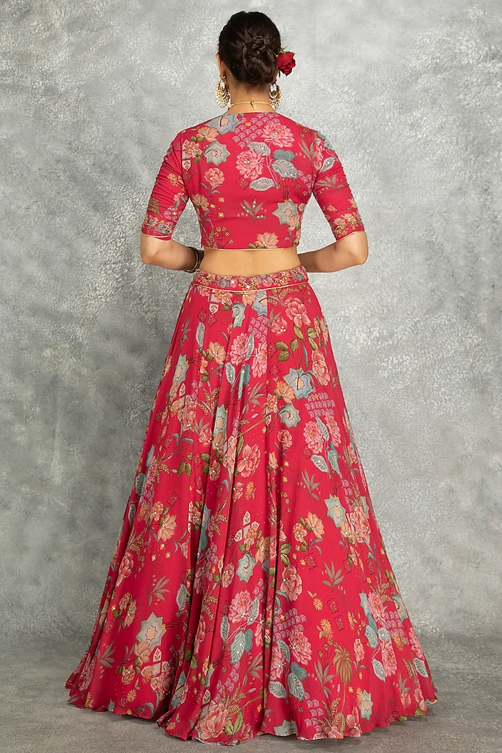 Hot Pink Soft Georgette Floral Printed & Embroidered Wedding Lehenga Set by Tanu Malhotra at Pernia's Pop Up Shop