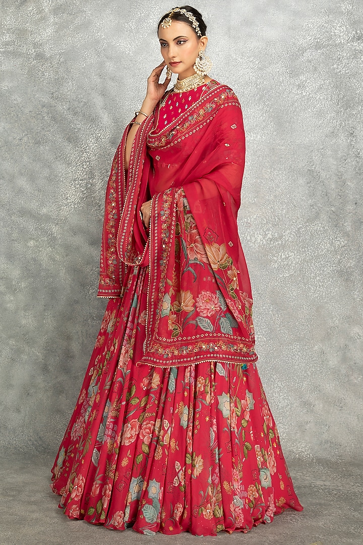 Hot Pink Soft Georgette Floral Printed & Embroidered Wedding Lehenga Set by Tanu Malhotra at Pernia's Pop Up Shop