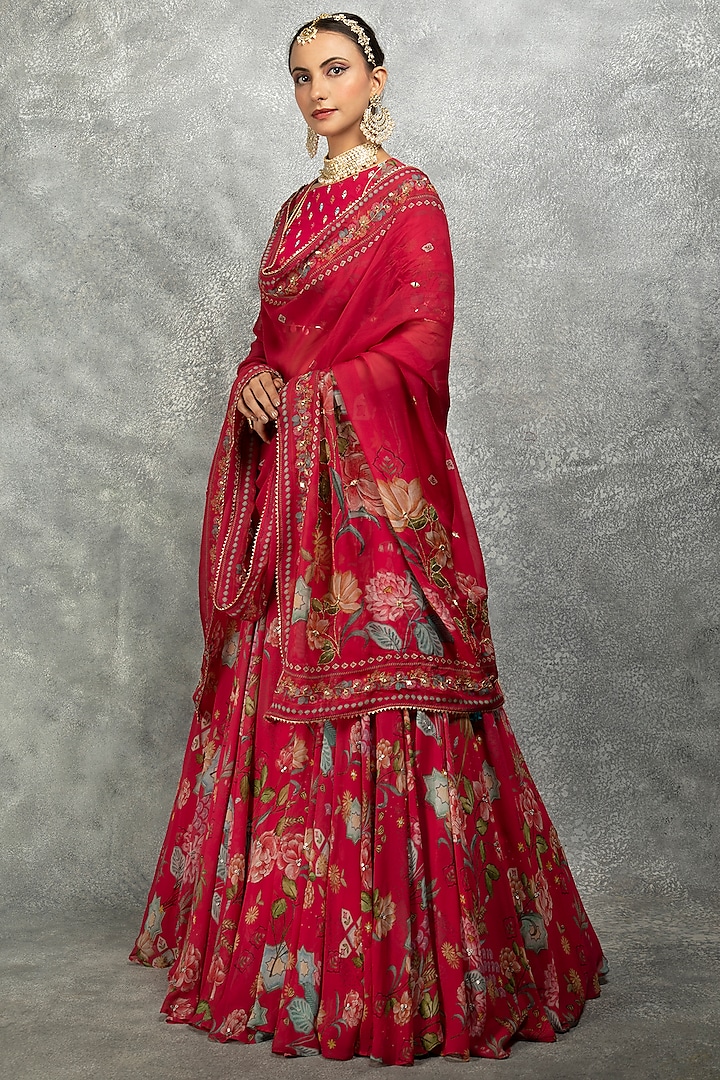 Hot Pink Soft Georgette Floral Printed & Embroidered Wedding Lehenga Set by Tanu Malhotra at Pernia's Pop Up Shop