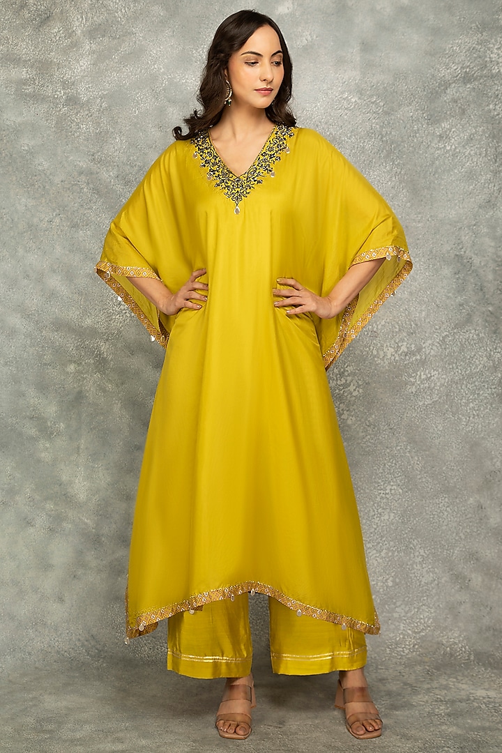 Mustard Green Silk Hand Embroidered Kaftan Set by Tanu Malhotra at Pernia's Pop Up Shop